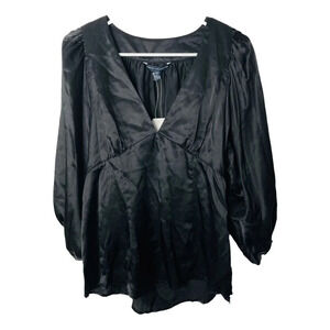 French Connection St. Ives Satin Silk Blouse Sz 12 Pleated V-Neck Witchy Sheer